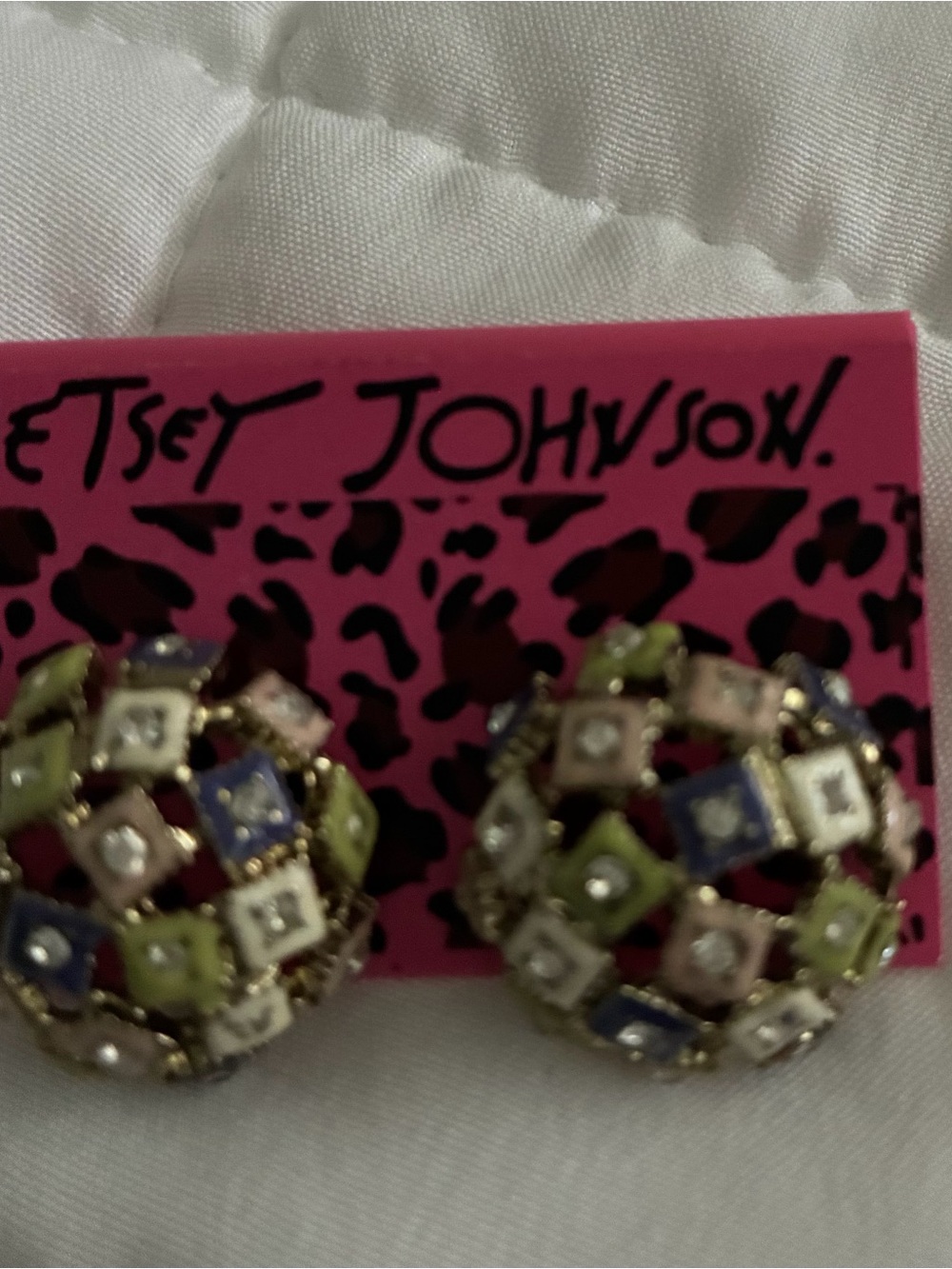 Betsey Johnson Multicolor Enamel & Crystal Dome Earrings — Green Blue Pink White